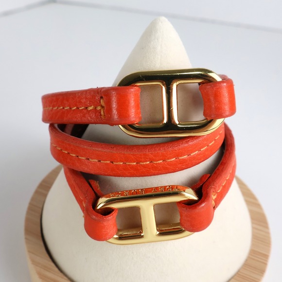 Tory Burch Jewelry - Tory Burch Orange Leather Triple Wrap Bracelet Gold Logo Hardware Small Wrist